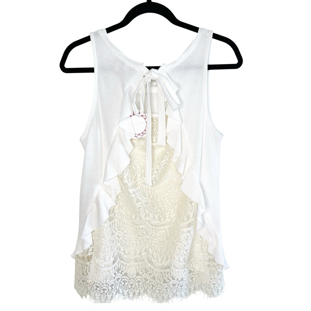Umgee Boho Lace Tank Top S White Open Tie Back Ruffle Cottagecore Romantic NWT - Picture 2 of 11